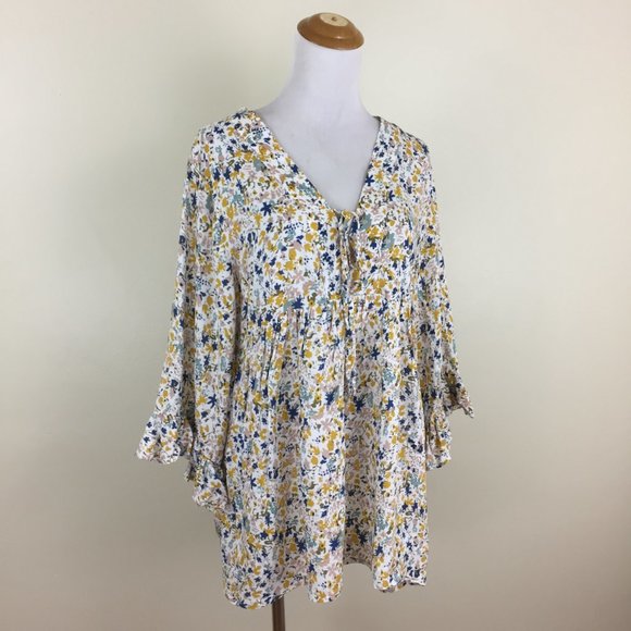 NWT CYNHIA ROWLEY Abstract Floral Print Tie Collar Bell Sleeve Shirt - Picture 4 of 10